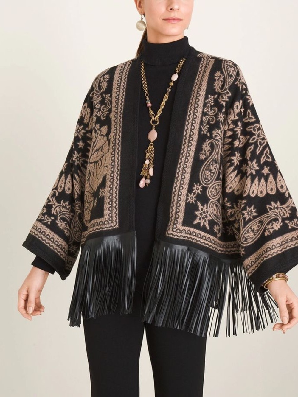 Chico's Black & Taupe Paisley Fringe Open-Front Poncho Cardigan